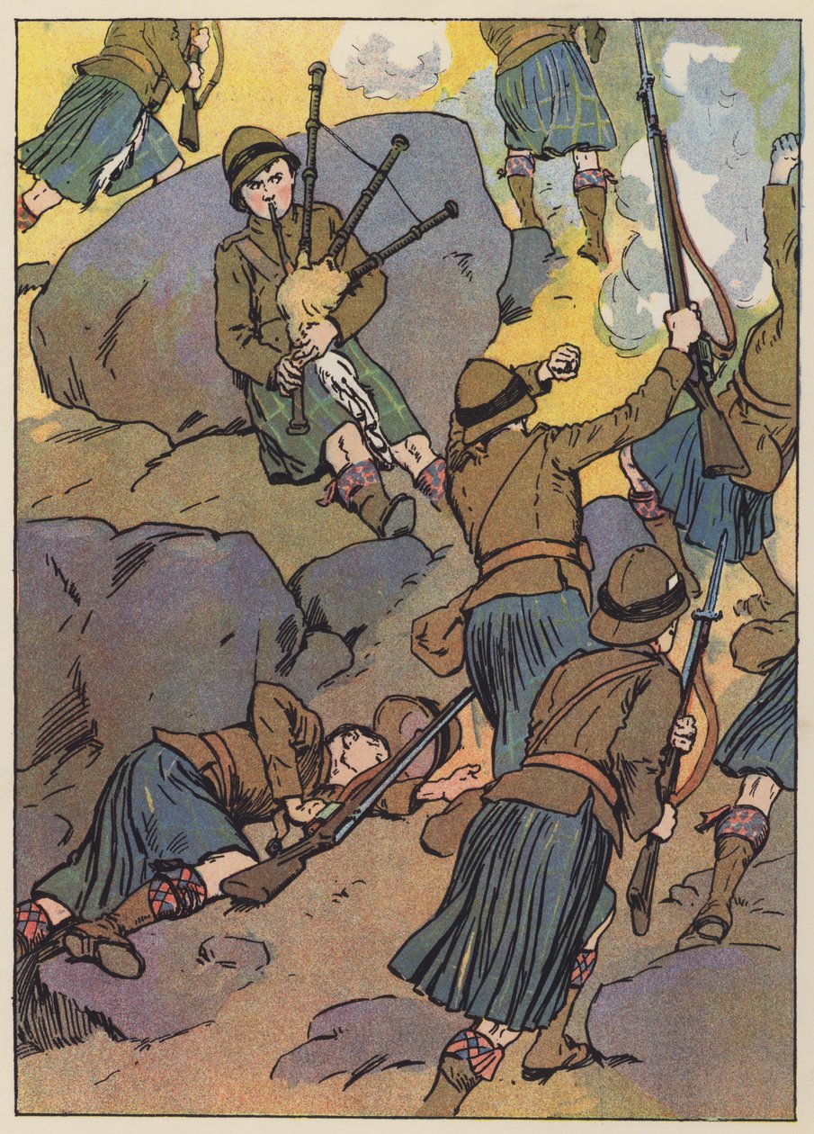 De gewonde doedelzakspeler speelt de troepen naar de overwinning (kleurenlitho) door English School