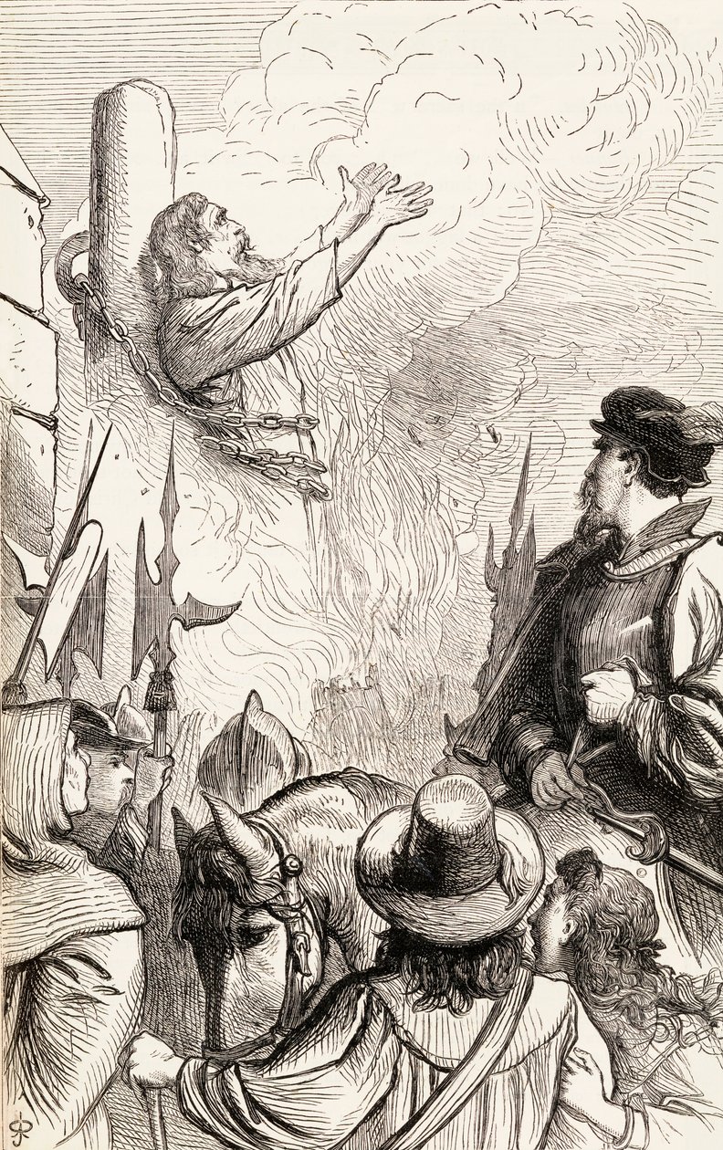 Thomas Hawkes verbrand op de brandstapel tijdens de Marian Persecuties, ca. 1865 door English School