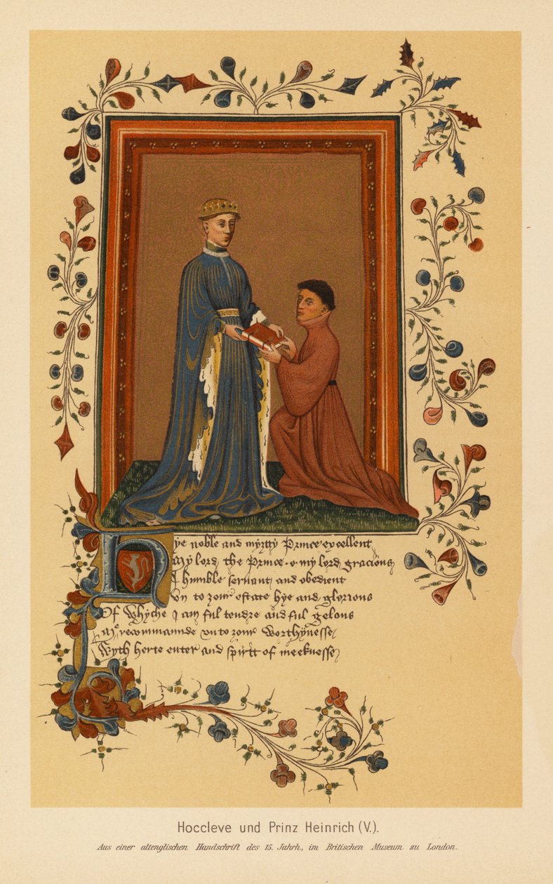 Thomas Hoccleve en Henry V (kleurenlitho) door English School