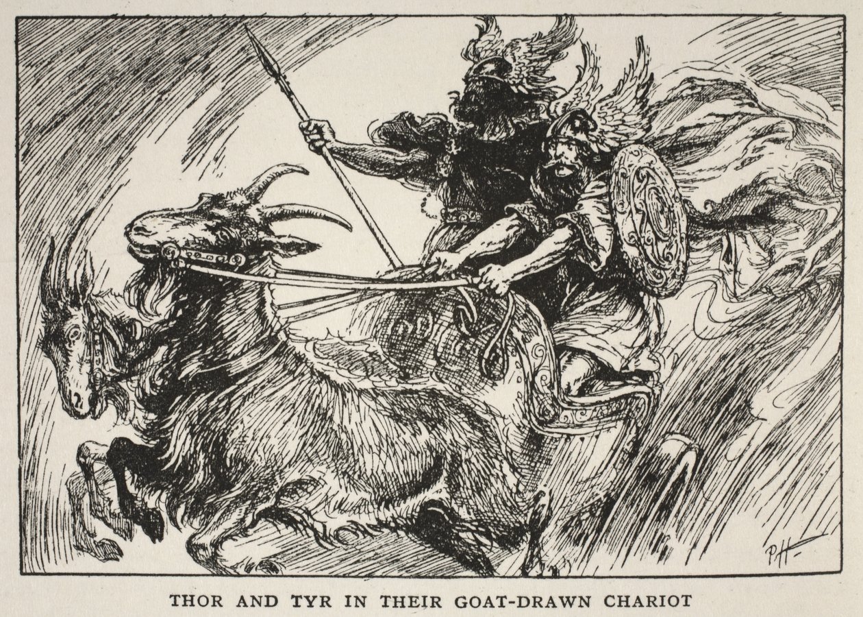 Thor en Tyr in hun door geiten getrokken wagen door English School