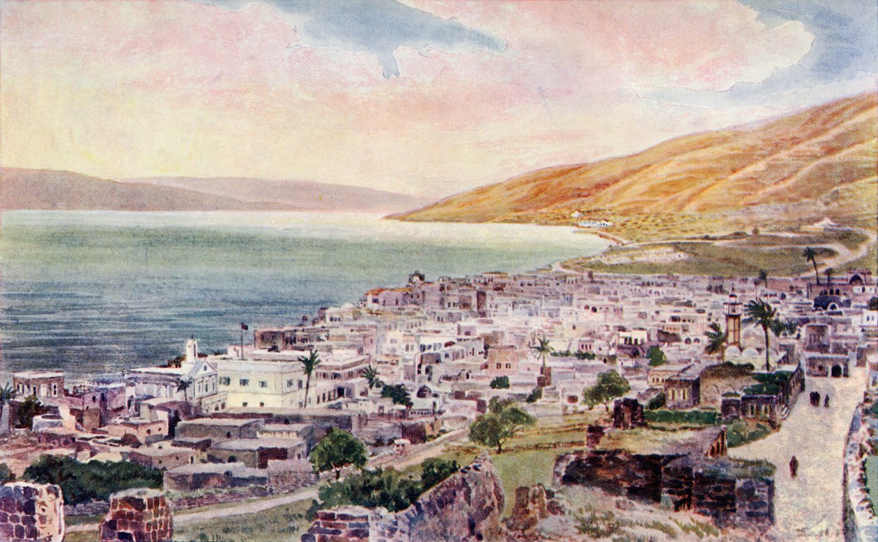 Tiberias en het Meer van Galilea, Israël, c.1910 (kleur litho) door English School