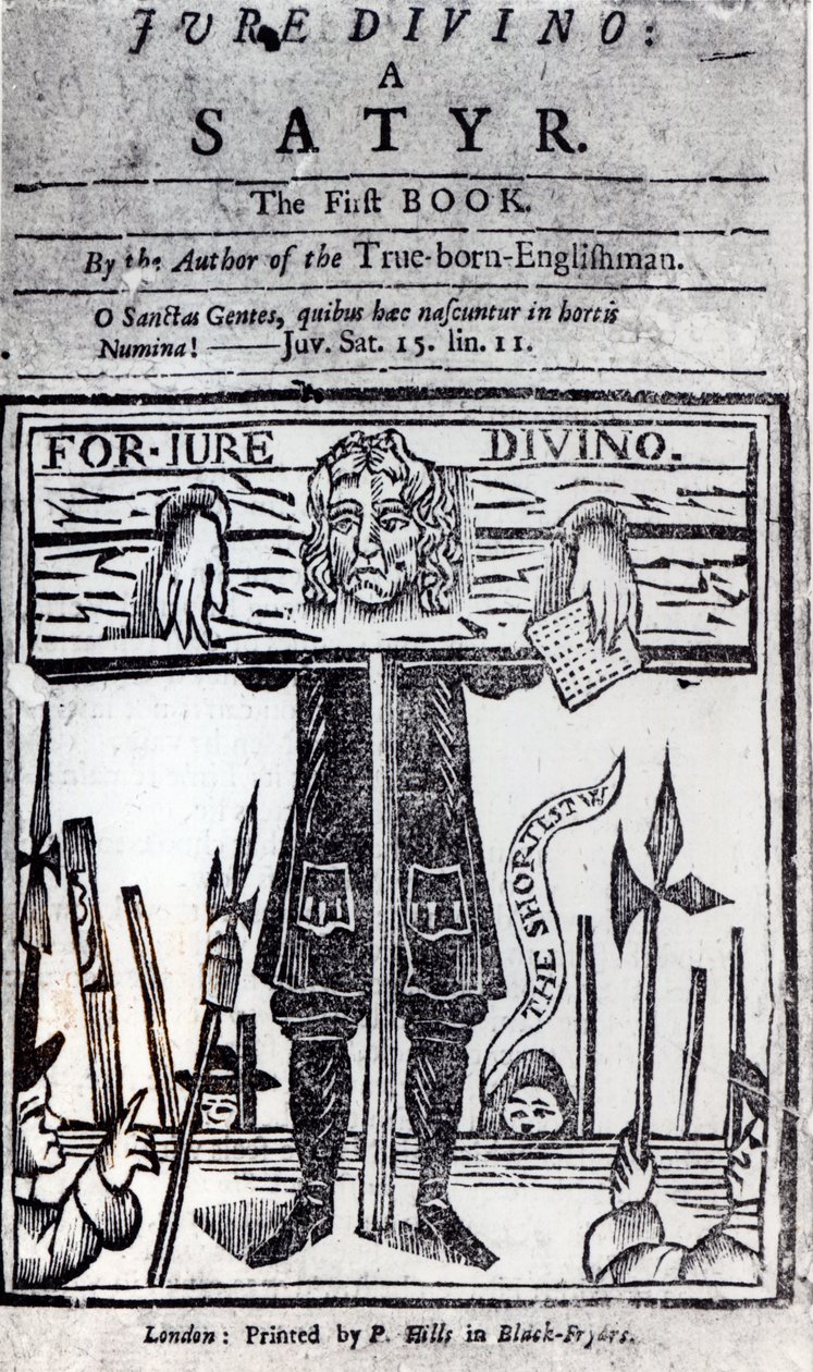 Titelpagina van het eerste boek van Jure Divino - Een satire door Daniel Defoe (1660-1731) gepubliceerd in 1706 door English School