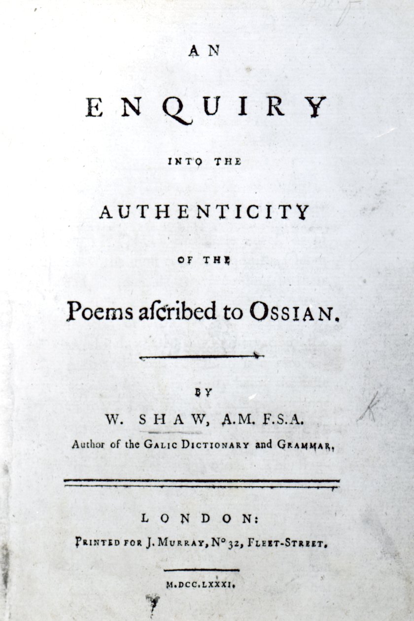 Titelpagina voor An enquiry into the authenticity of the poems ascribed to Ossian door William Shaw, gepubliceerd 1781 door English School
