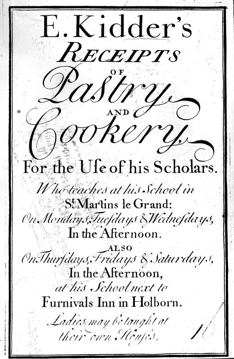 Titelpagina van E. Kidders Receipts of Pastry and Cookery, door Edward Kidder, gepubliceerd ca. 1730 door English School