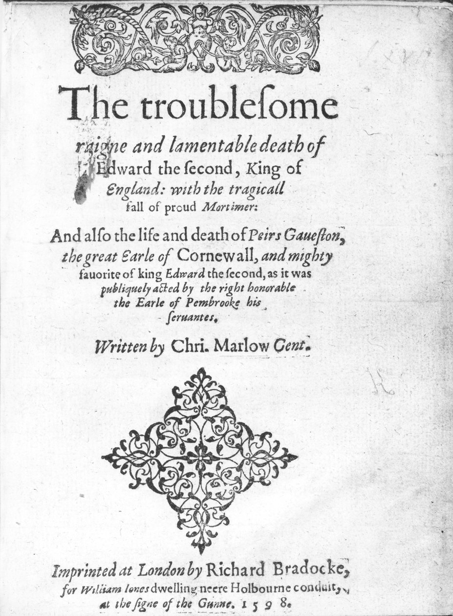Titelpagina voor Edward II door Christopher Marlowe, gepubliceerd 1598 door English School