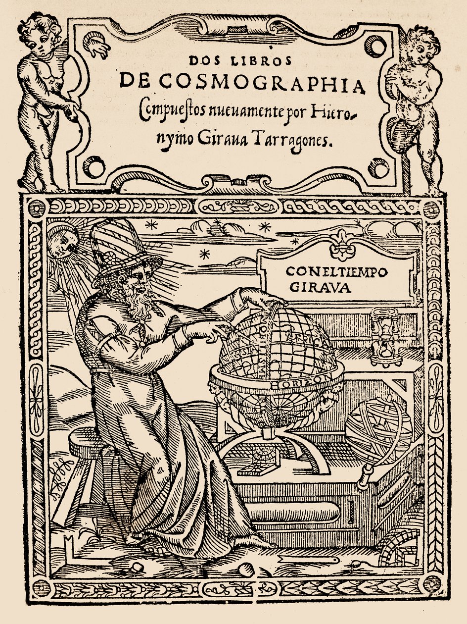 Titelpagina voor Twee Boeken over Kosmografie door Hieronymo Girana Tarragones, uit The Narrative and Critical History of America, bewerkt door Justin Winsor, Londen, 1886 door English School