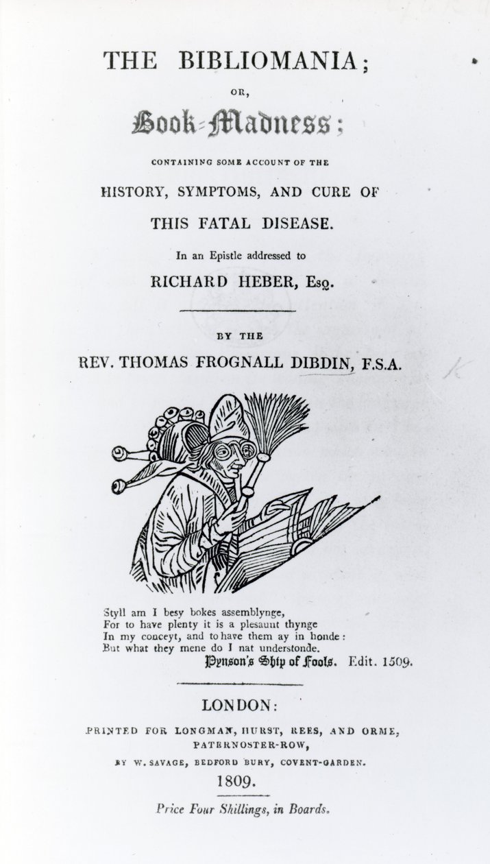 Titelpagina van The Bibliomania door Rev. Thomas Frognall Dibdin, gepubliceerd 1809 (gedrukt papier) door English School