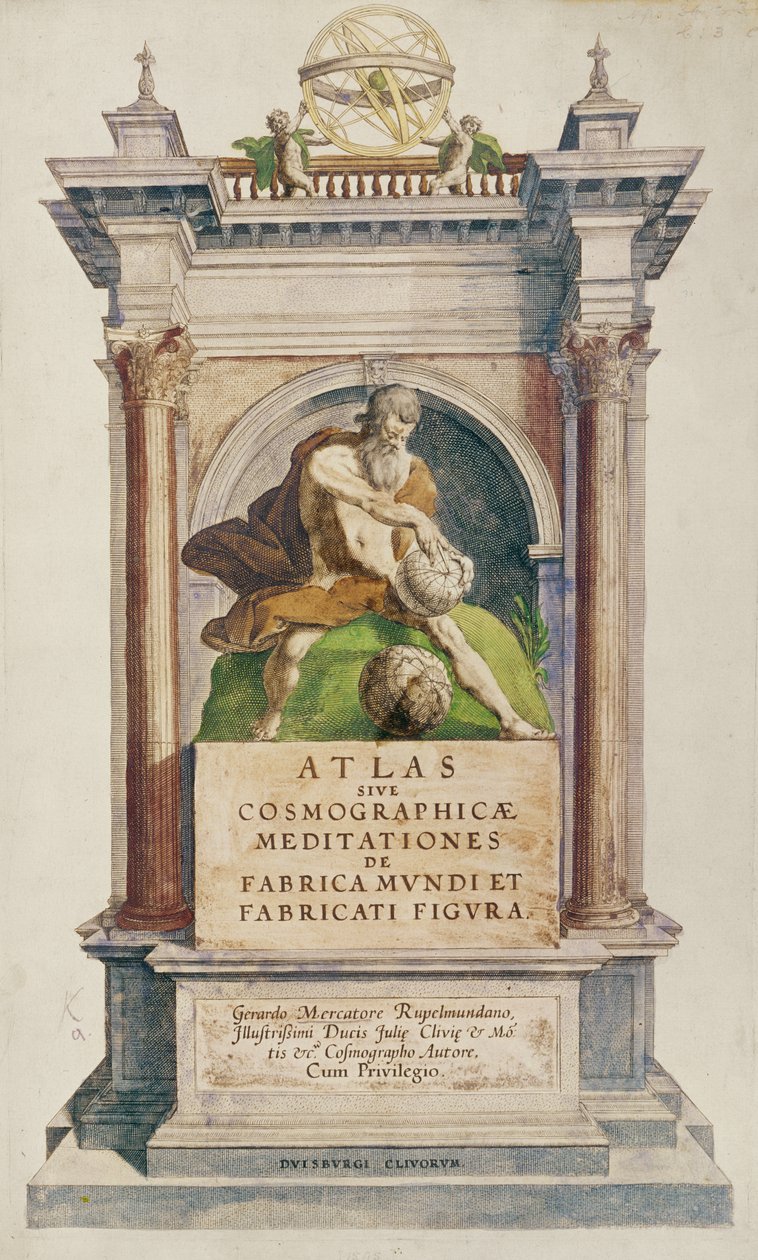 Titelpagina uit Mercators Atlas sive Cosmographicae meditationes de fabrica mundi et fabricati figura, 1595 door English School