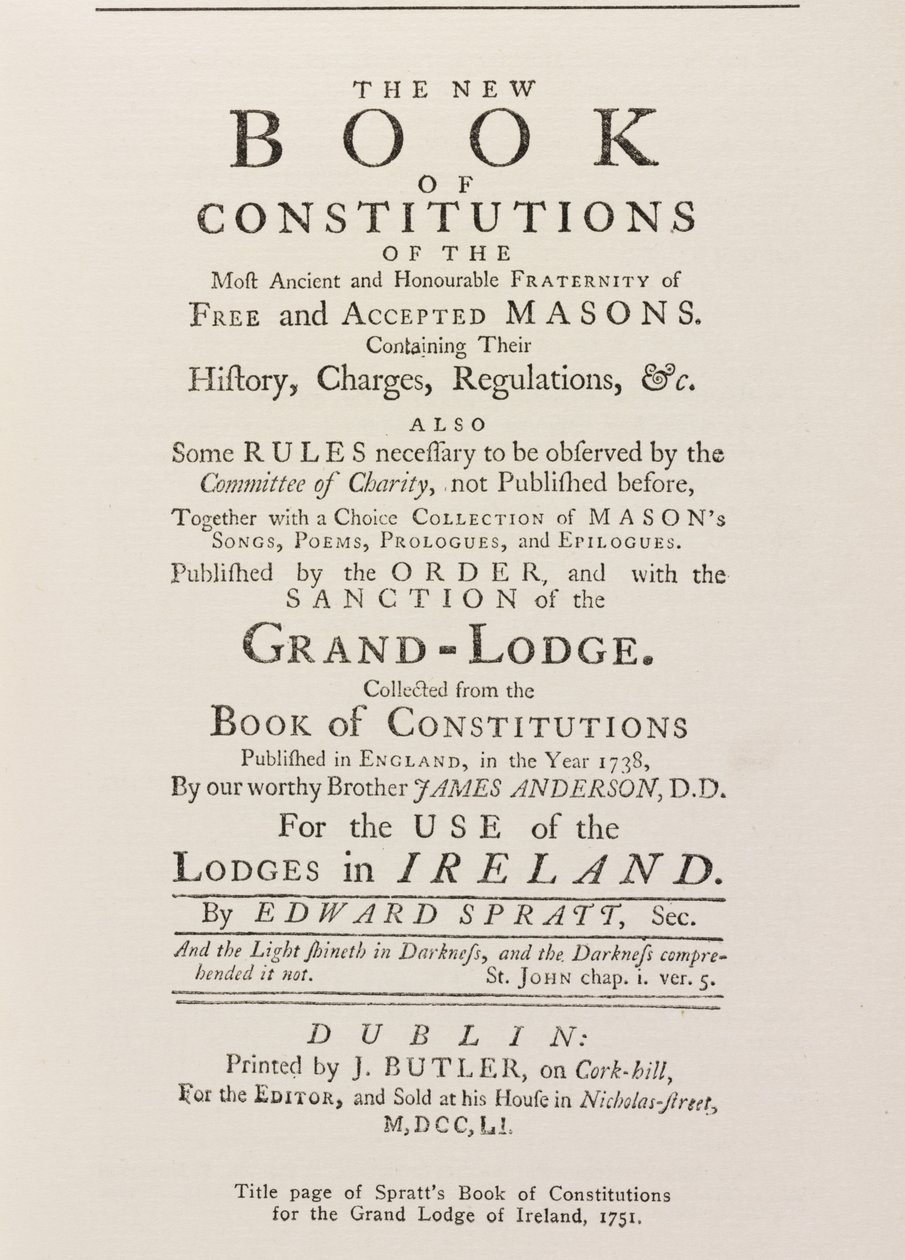 Titelpagina van Spratts Book of Constitutions voor de Grand Lodge in Ierland, 1751 door English School