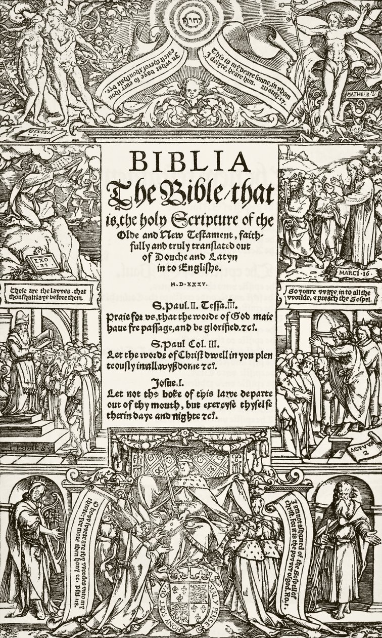 Titelpagina van de Coverdale Bijbel, gedrukt in 1535, uit The National and Domestic History of England door William Hickman Smith Aubrey (1858-1916) gepubliceerd in Londen, ca. 1890 door English School