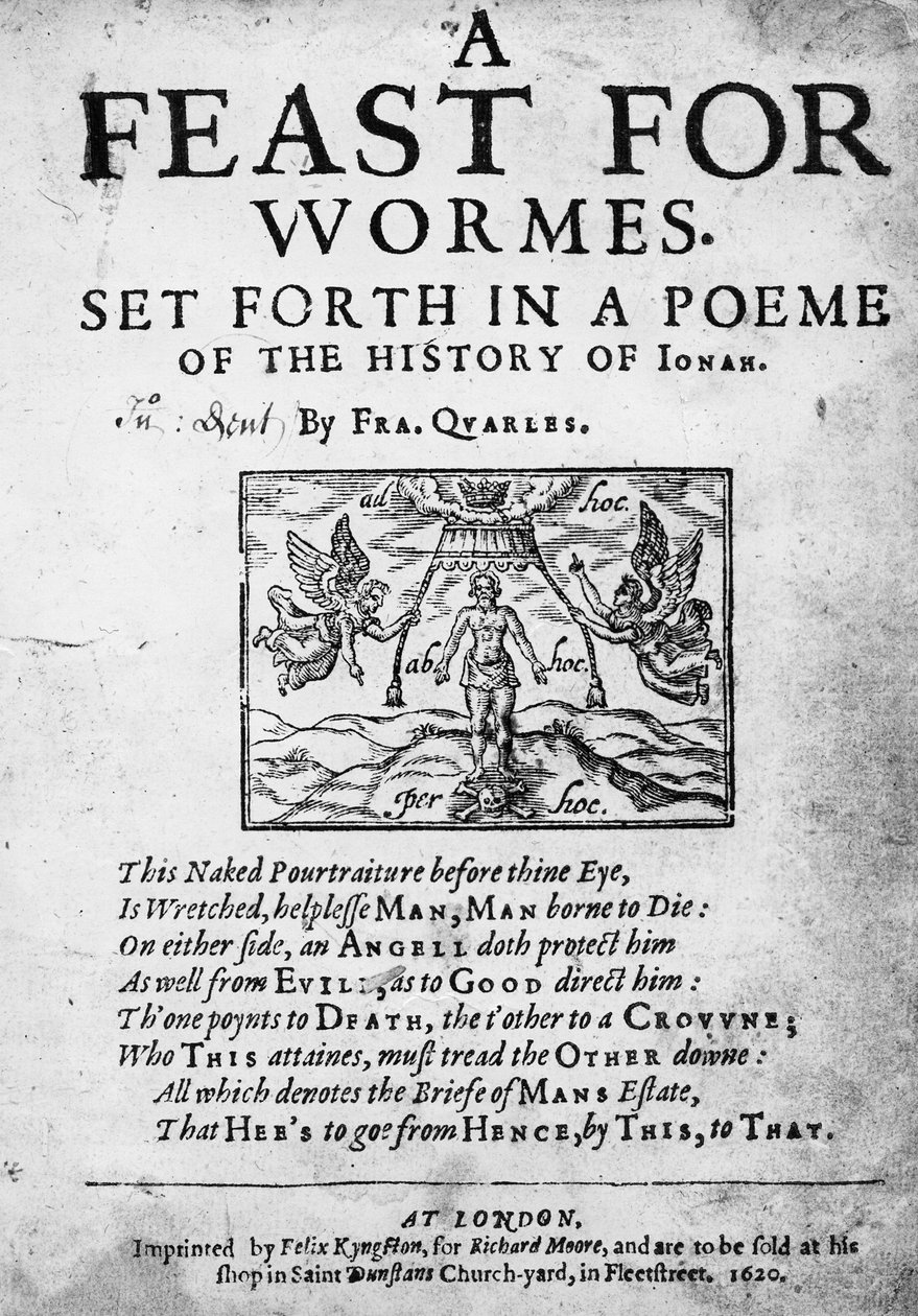 Titelpagina van A Feast for Worms, uiteengezet in een gedicht over de geschiedenis van Jona door Francis Quarles, 1620 door English School