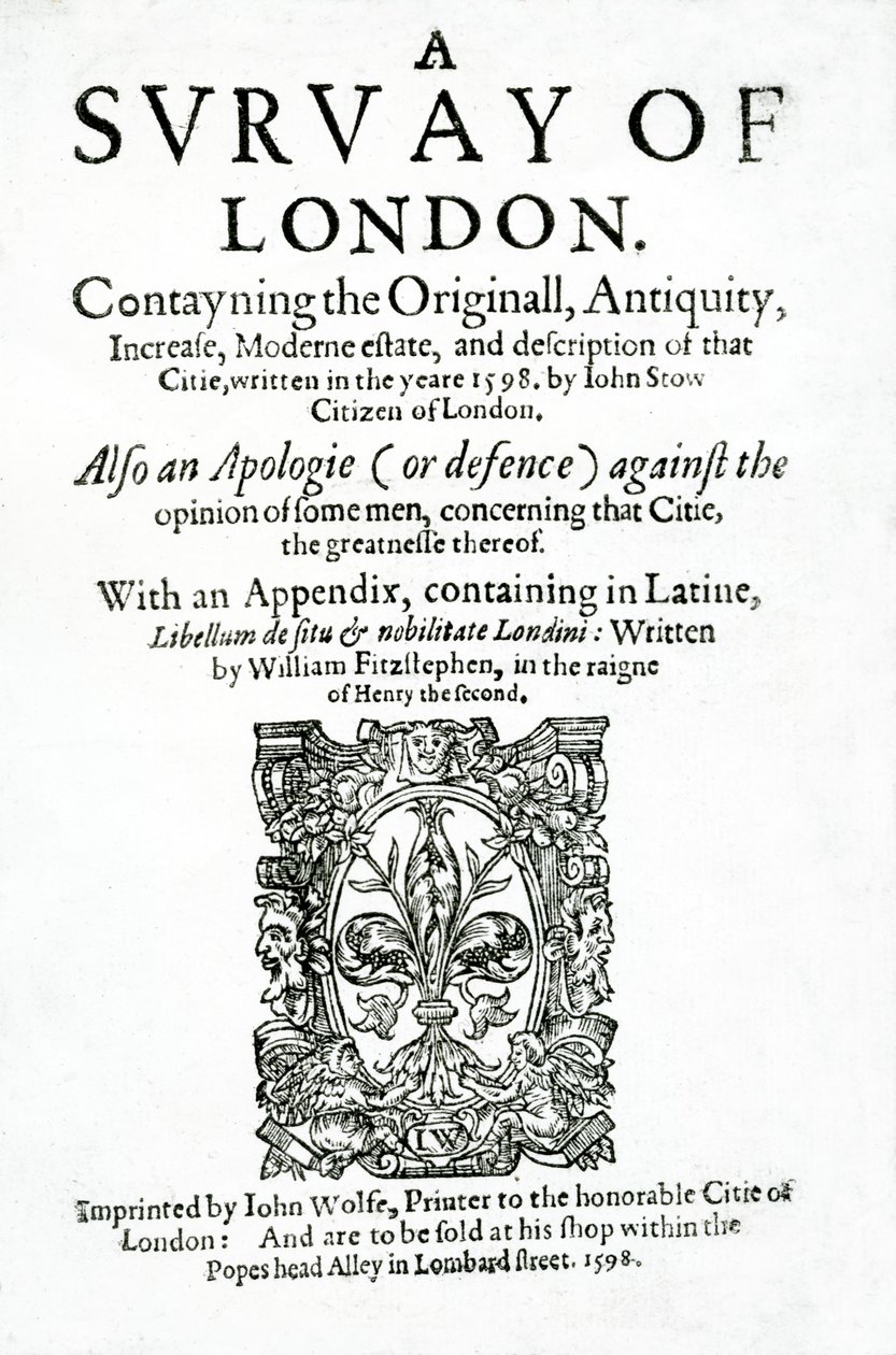 Titelpagina van A Survey of London door John Stow, gepubliceerd in 1598 door English School