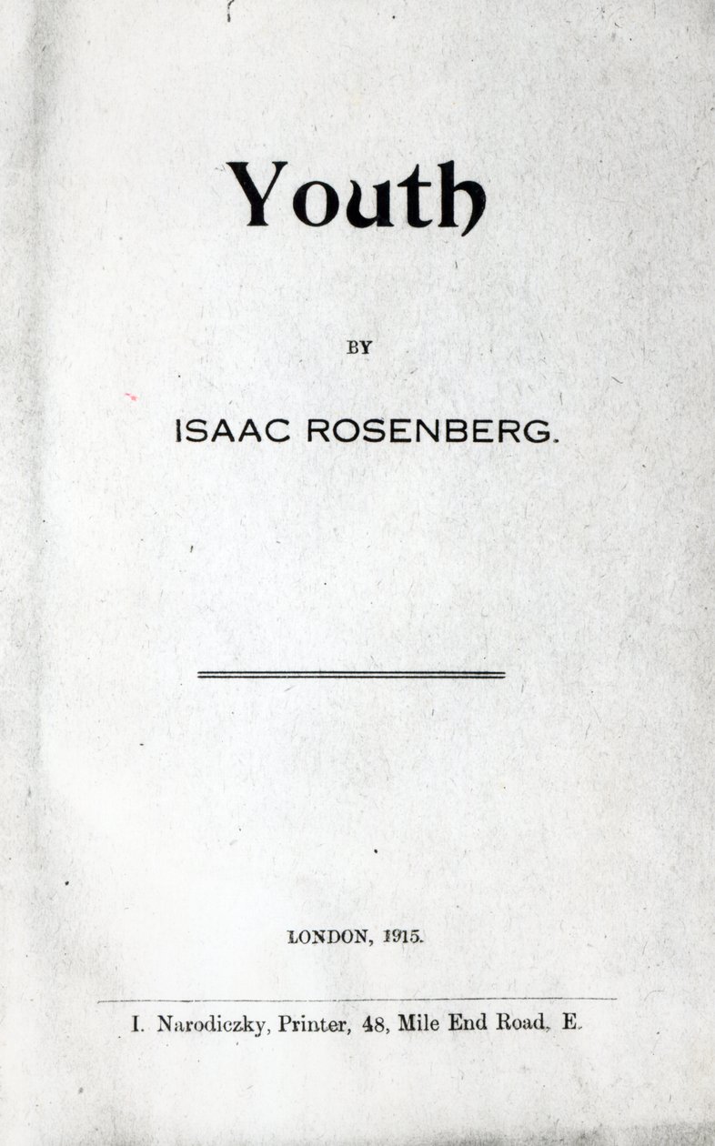 Titelpagina van Youth, een verzameling gedichten door Isaac Rosenberg, eerste editie 1915 door English School