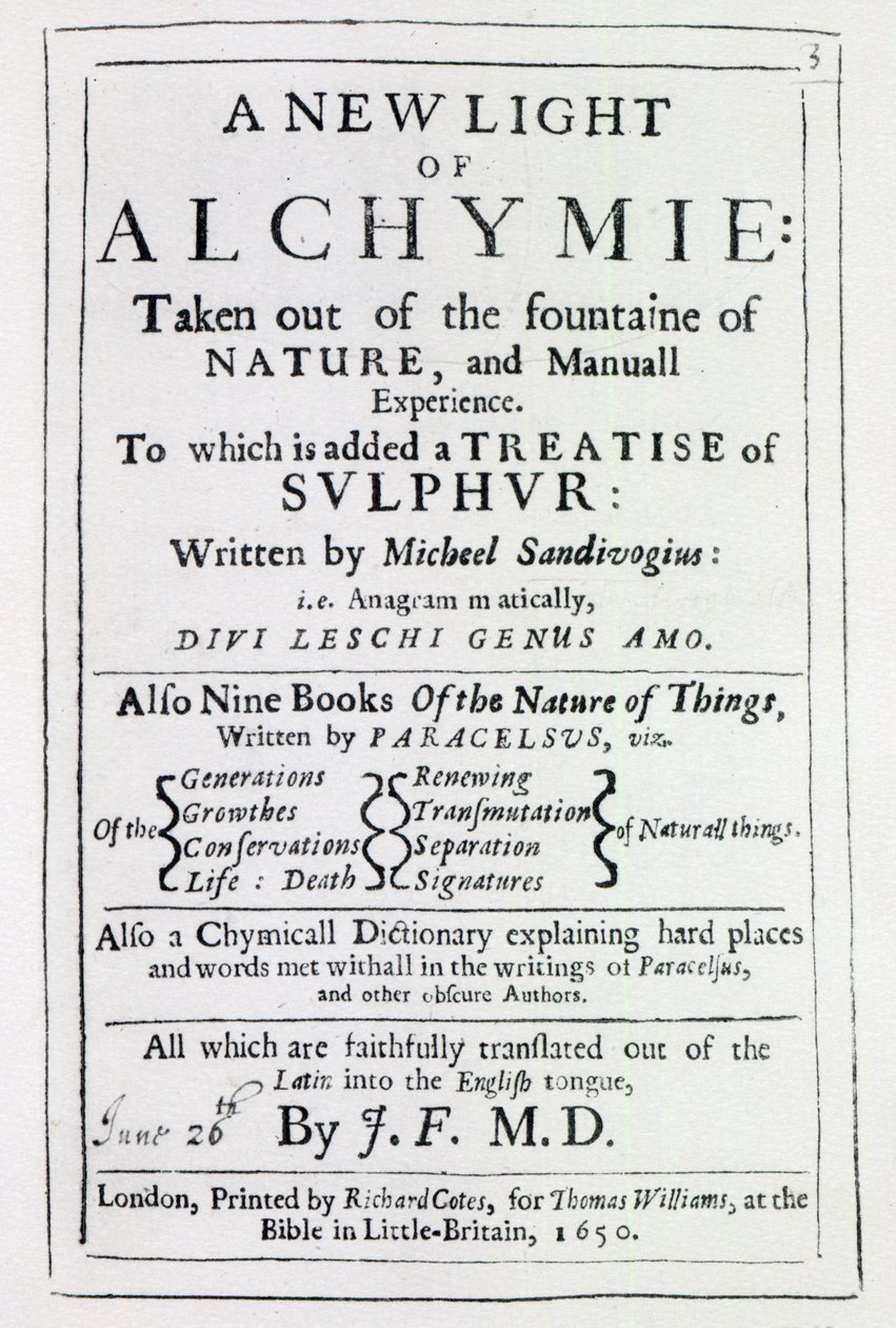 Titelpagina van de Engelse editie van A New Light on Alchemy door Michal Sedziwoj, 1650 door English School