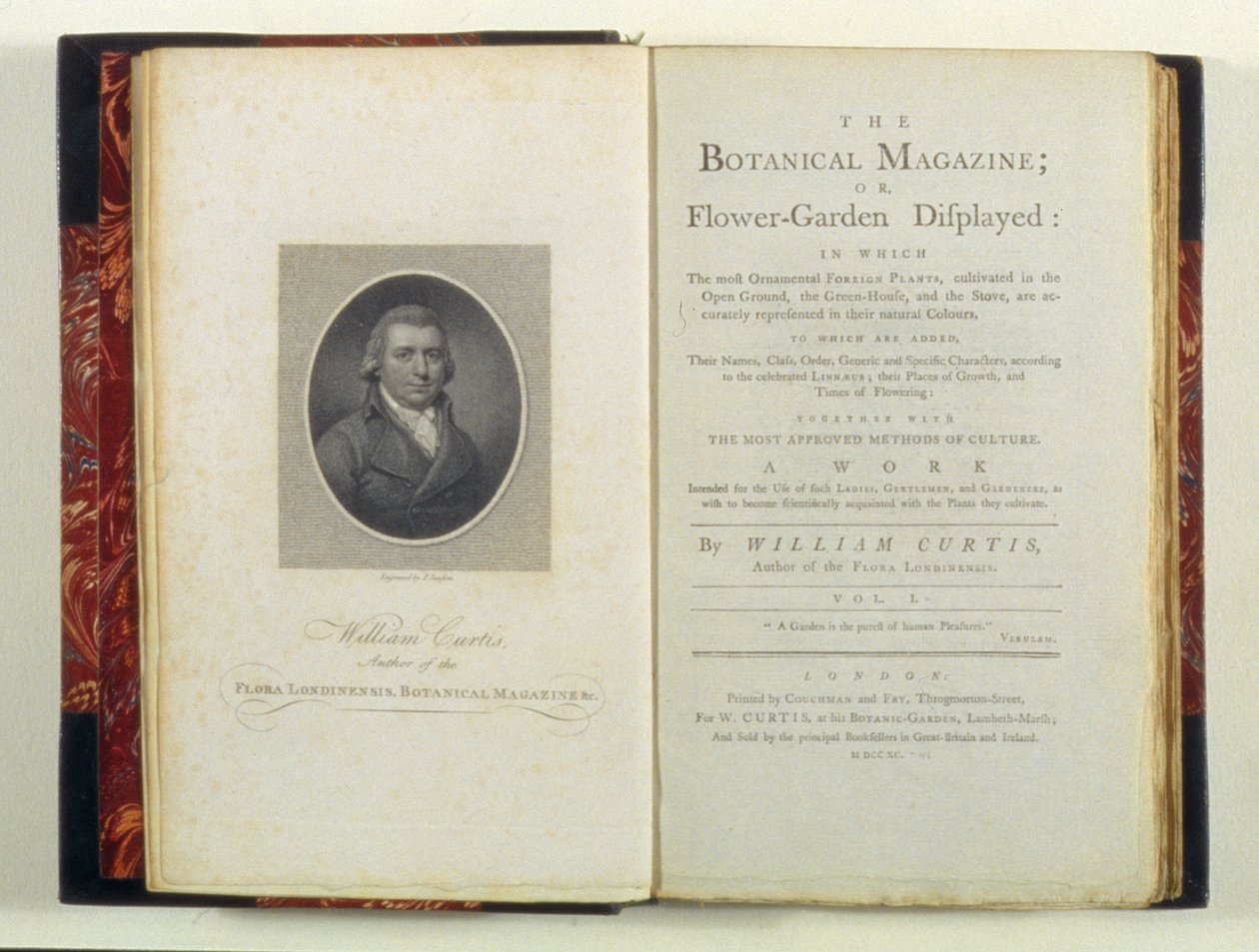 Titelpagina met portret van William Curtis (1749-99), uit The Botanical Magazine or Flower-Garden Displayed, door William Curtis, gepubliceerd 1790 door English School