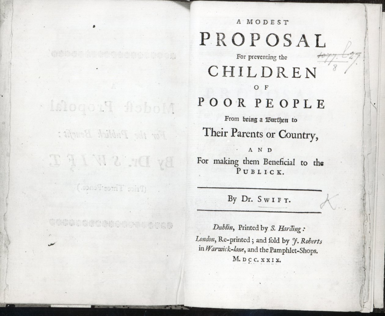 Titelpagina van A Modest Proposal door Jonathan Swift, uitgegeven in 1729 door English School
