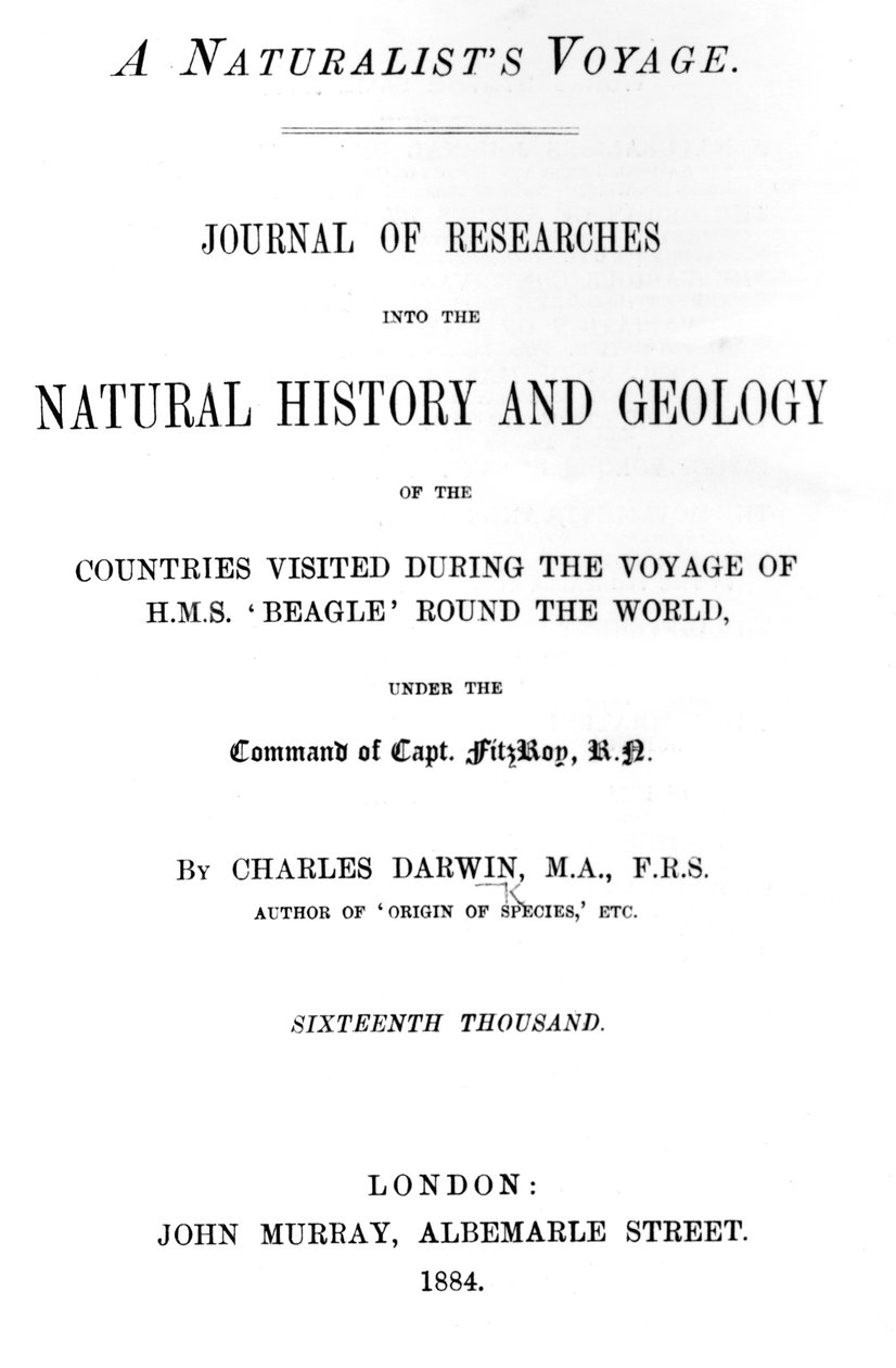 Titelpagina van A Naturalists Voyage Around the World door Charles Darwin, editie gepubliceerd in 1884 door English School