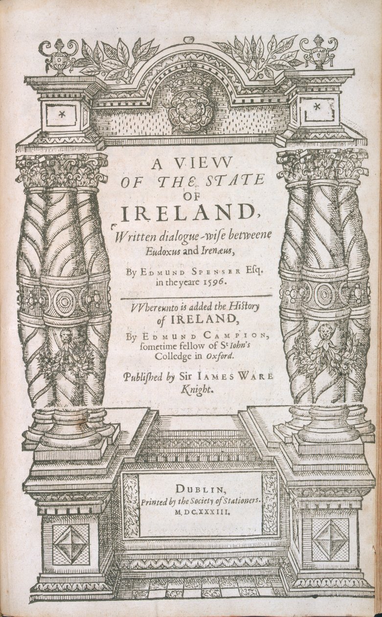 Titelpagina van A View of the State of Irelande en The Historie of Irelande, 1633 door English School