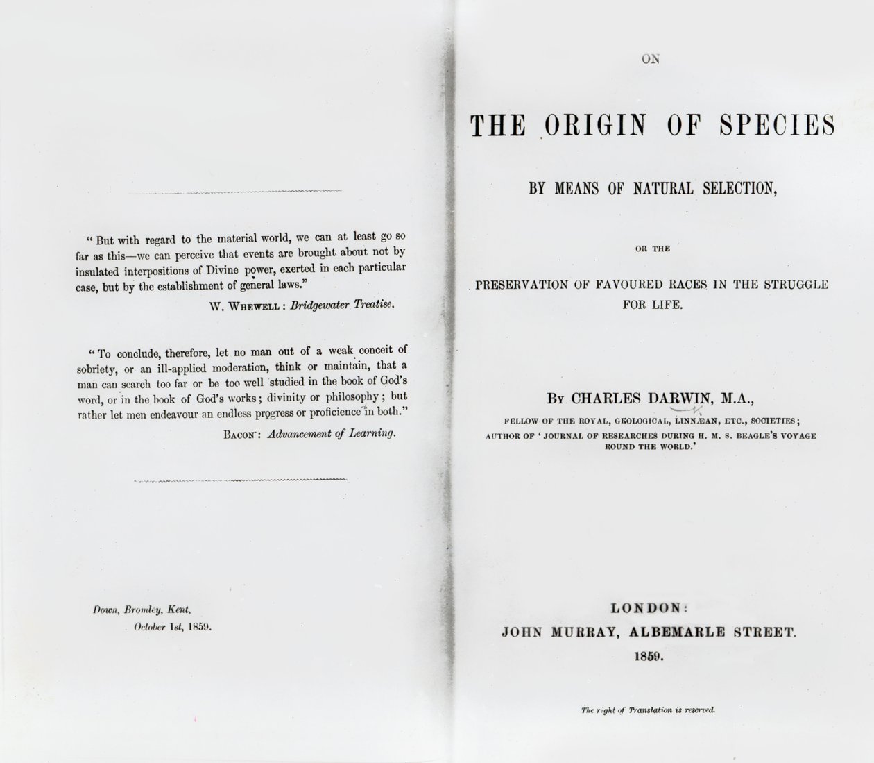 Titelpagina van On the Origin of Species door Charles Darwin, gepubliceerd in 1859 door English School
