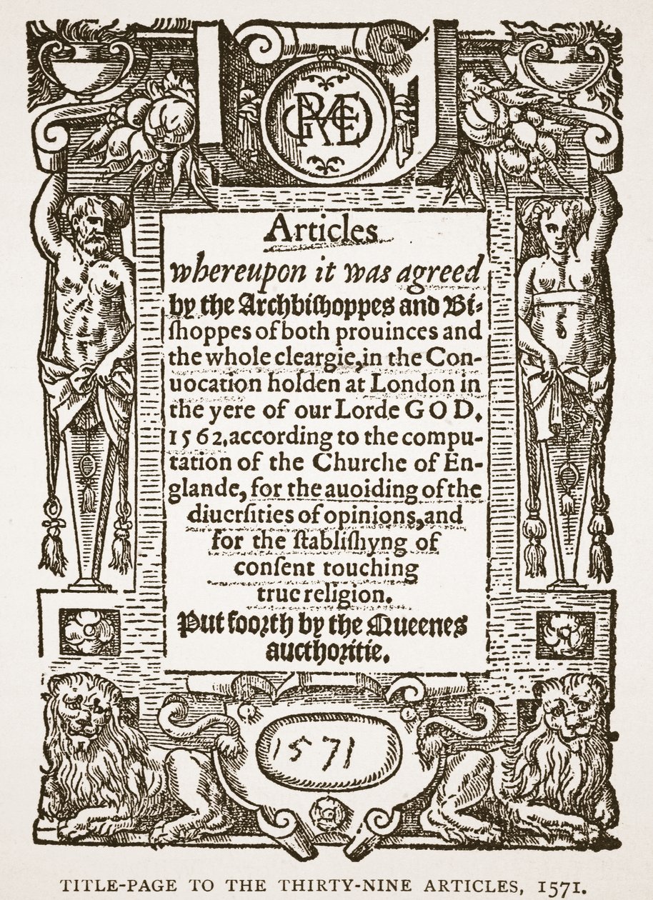Titelpagina van de Negenendertig Artikelen, 1571, illustratie uit De Kerk van Engeland: Een Geschiedenis voor het Volk door H.D.M. Spence-Jones door English School