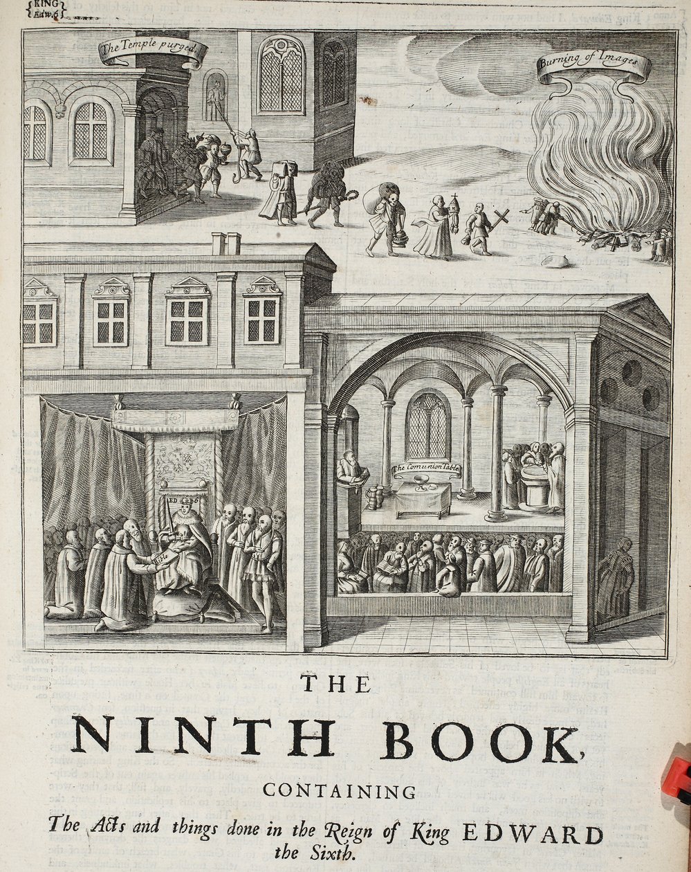 Titelpagina van het negende boek, illustratie uit Handelingen en Monumenten van John Foxe, negende editie, uitgegeven 1684 door English School
