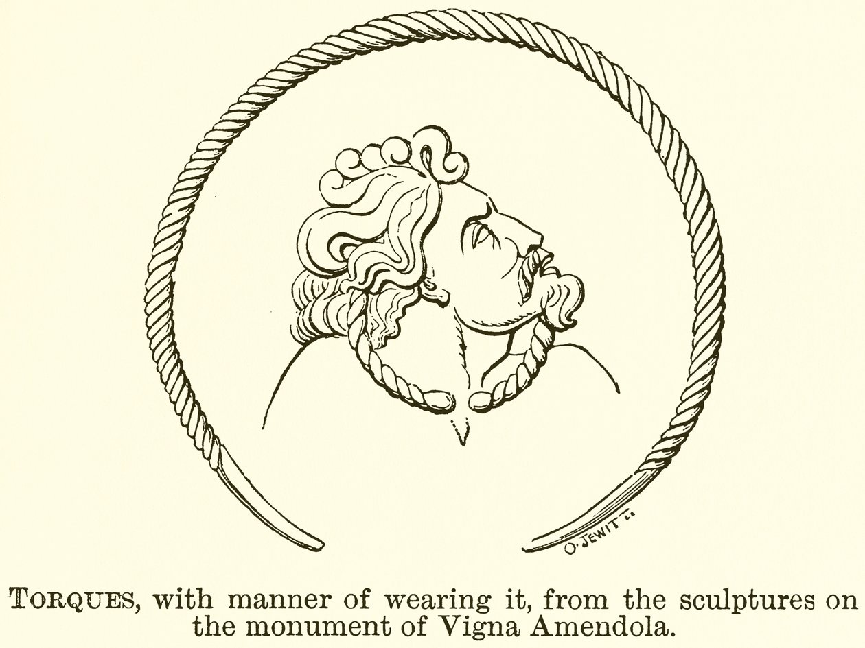 Torques, met de manier van dragen, van de beelden op het monument van Vigna Amendola (gravure) door English School