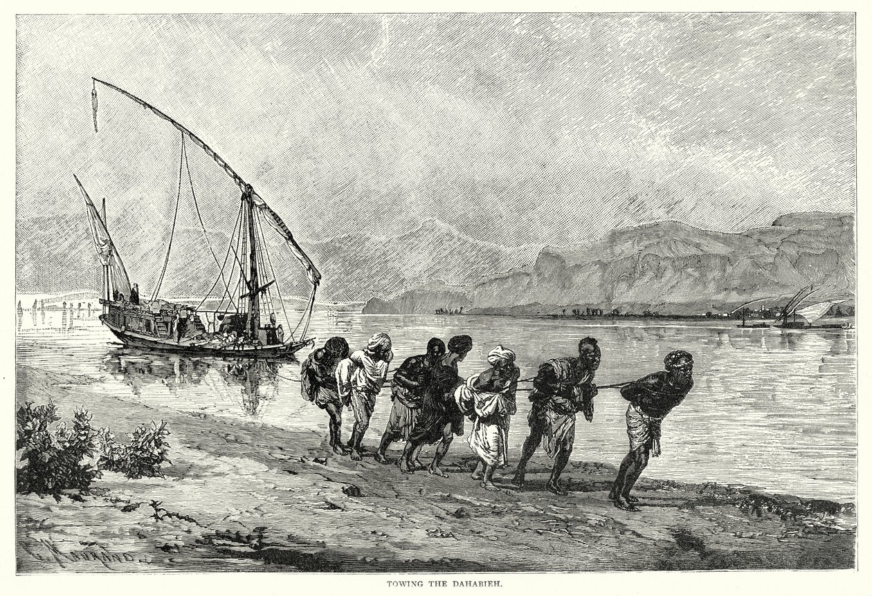 Het slepen van de Dahabieh (gravure) door English School