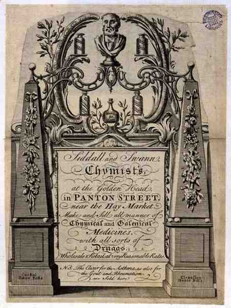 Handelskaart voor Siddall en Swann, chemici, aan het Gouden Hoofd, Panton Street, Londen (gravure) door English School