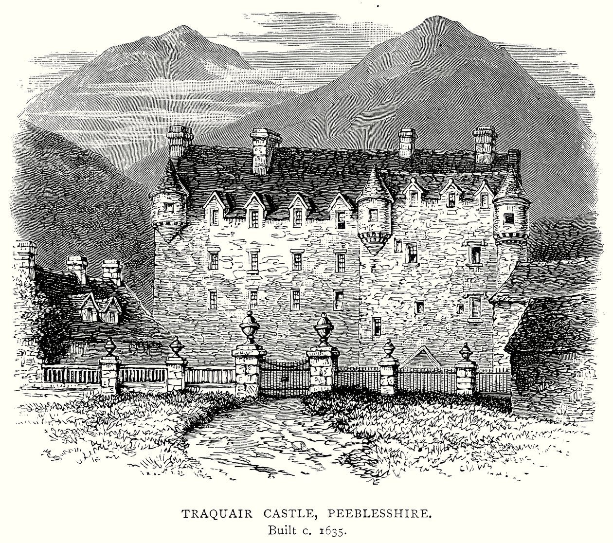 Kasteel Traquair, Peeblesshire (gravure) door English School