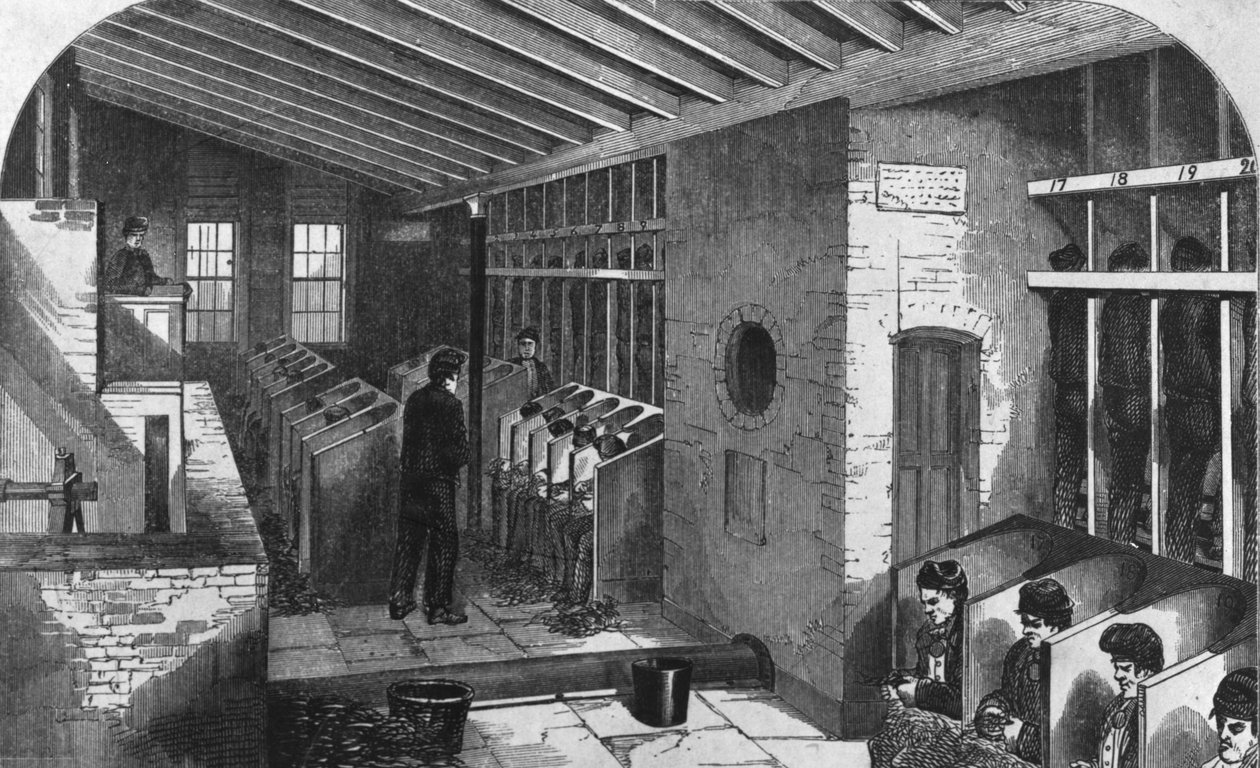 Loopwiel en eikenschuur in de stadsgevangenis van Holloway, uit 