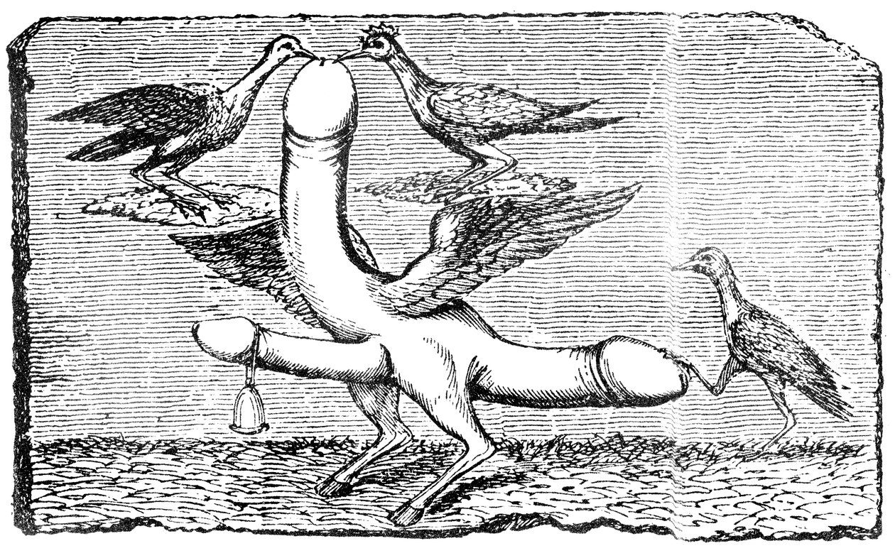 Drievoudige phallus met vleugels, poten en voeten van een geit, een bel, vleugels, twee vogels die aan de grootste penis pikken en een andere vogel die de staart met zijn poot vasthoudt door English School