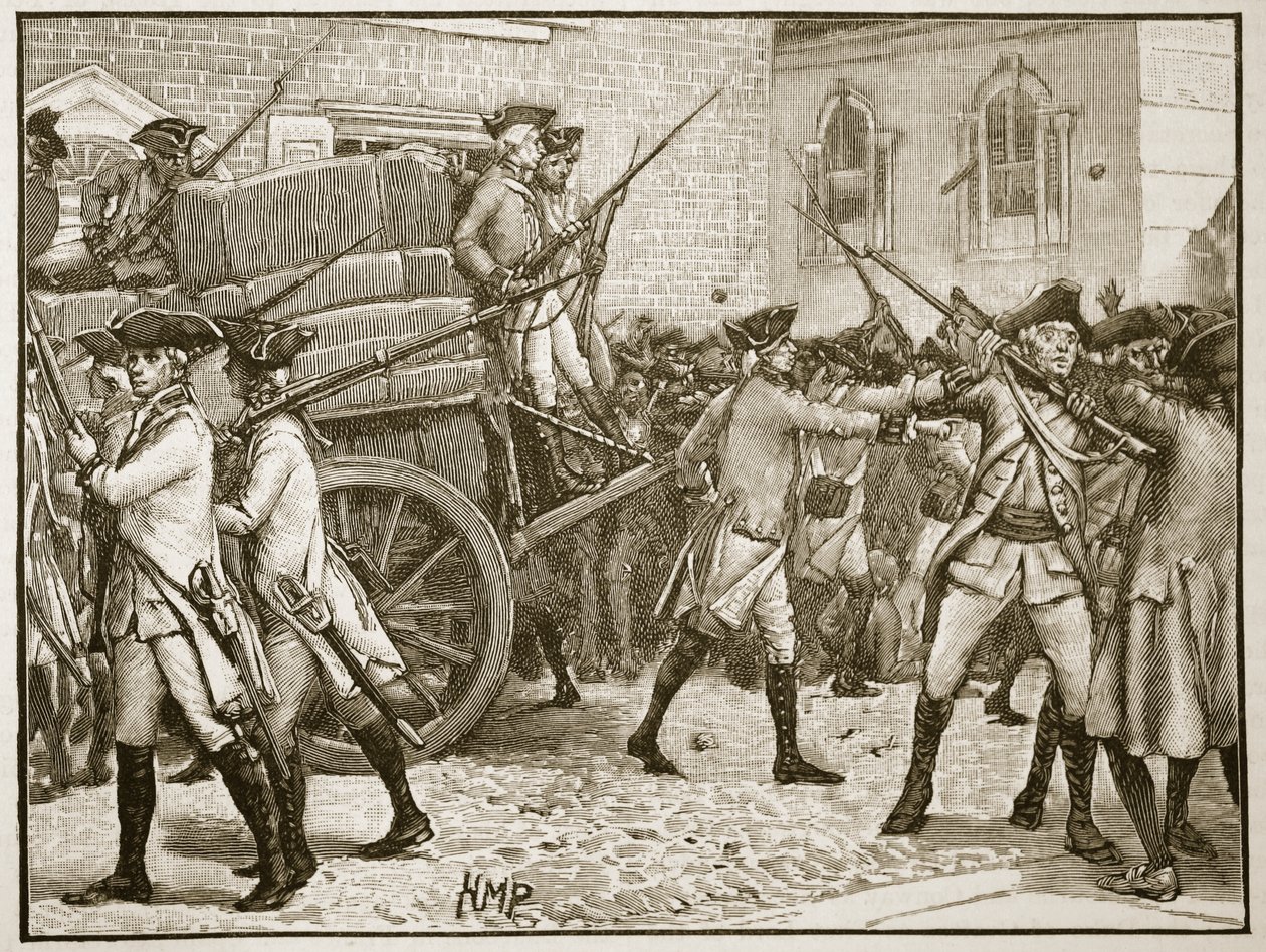 Troepen begeleiden het gestempelde papier naar het stadhuis, New York, 1766, illustratie uit Cassells Illustrated History of England door English School