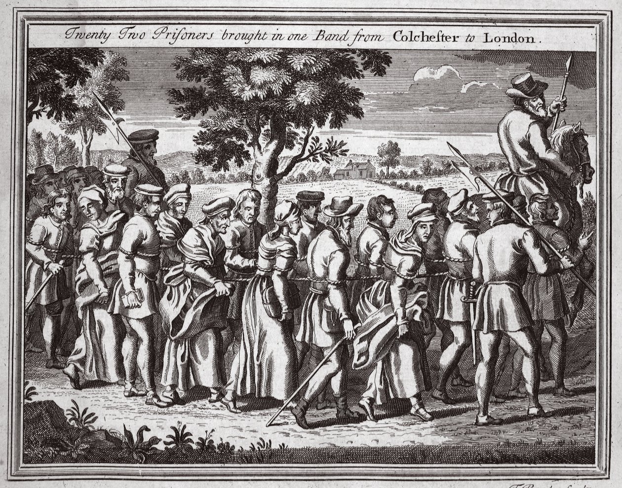 Tweeëntwintig gevangenen in één groep van Colchester naar Londen gebracht, illustratie uit Foxes Martelaren ca. 1703 door English School