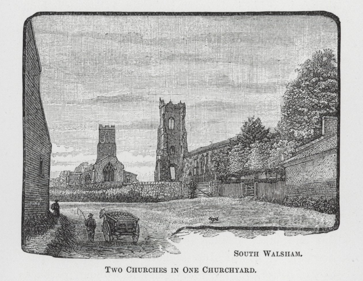 Twee kerken op een kerkhof (gravure) door English School