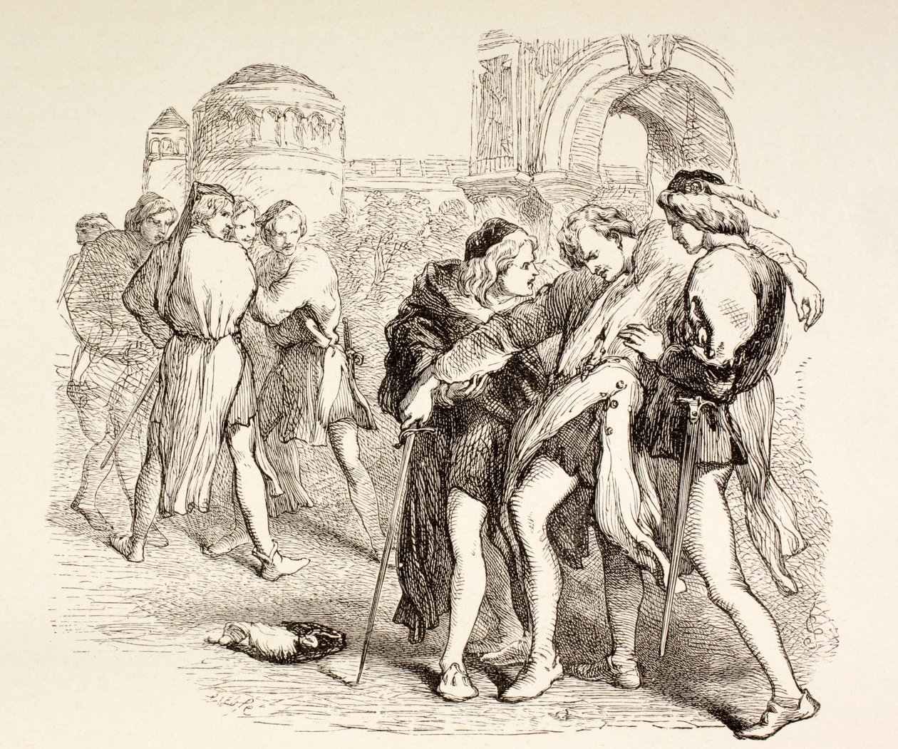 Tybalt wordt dodelijk gewond door Romeo, illustratie uit Romeo en Julia, uit 