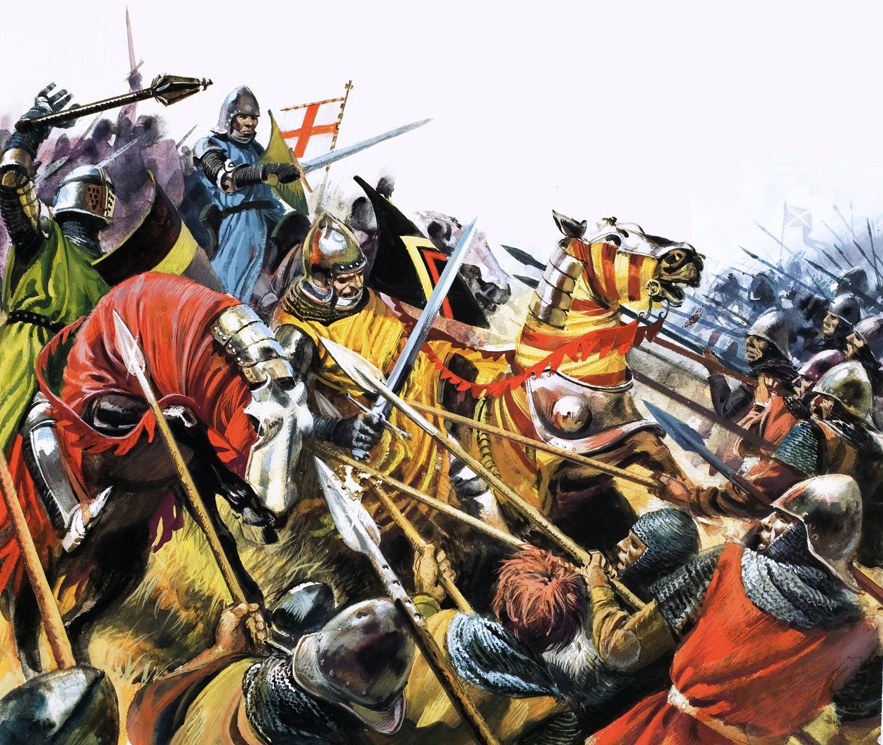 Ongeïdentificeerde gevechtsscène met gepantserde cavaleriepaarden tegen vijand met speren door English School