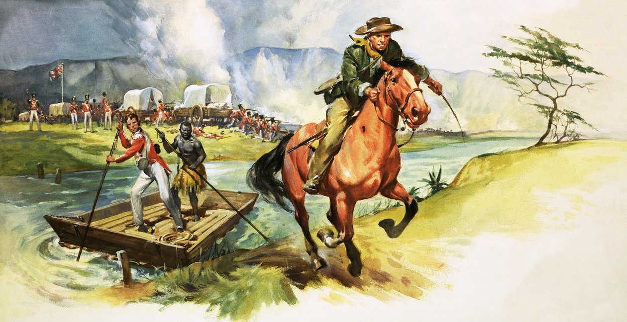 Ongeïdentificeerde cowboy rijdt weg van de rivier met Engelse soldaten onder vuur op de andere oever door English School