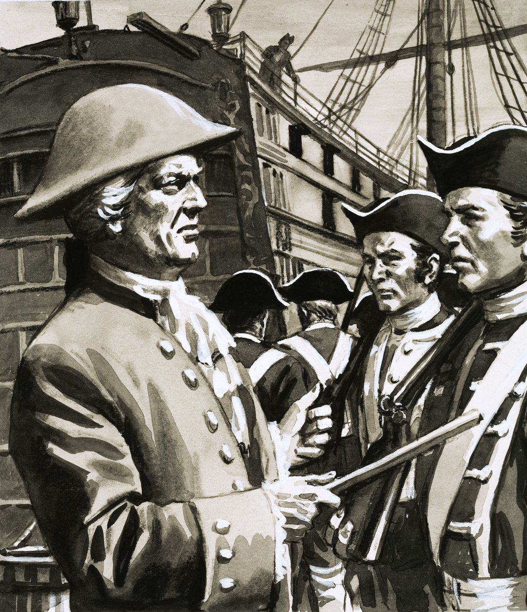 Ongeïdentificeerde scheepskapitein inspecteert soldaten door English School