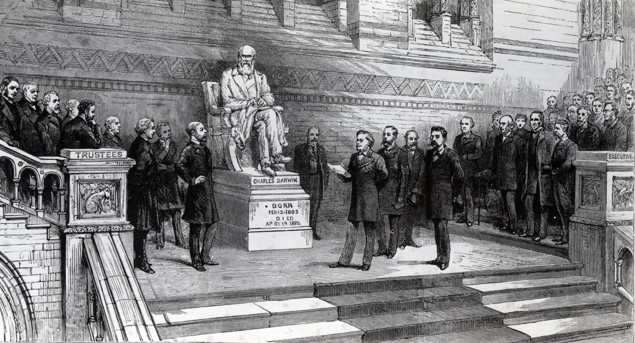 Onthulling van het standbeeld van wijlen Charles Darwin in het Natural History Museum, South Kensington, 9 juni 1885 door English School