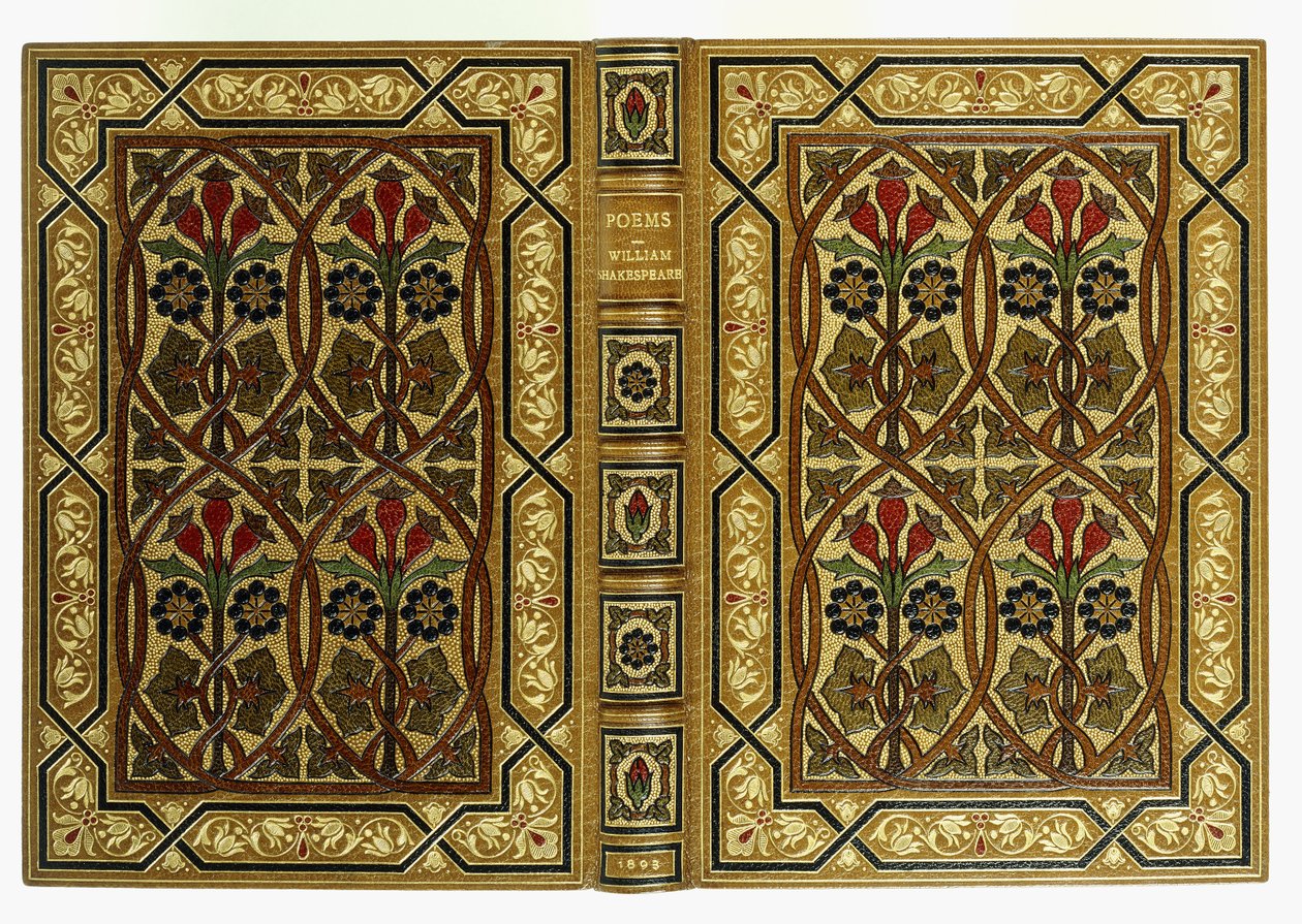 Boven- en onderomslagen, met bloemen in Art-Nouveau verstrengelde geometrische patronen, 1893 door English School
