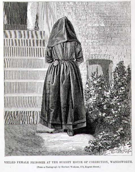 Gesluierde vrouwelijke gevangene in het Surrey House of Correction, Wandsworth, uit 