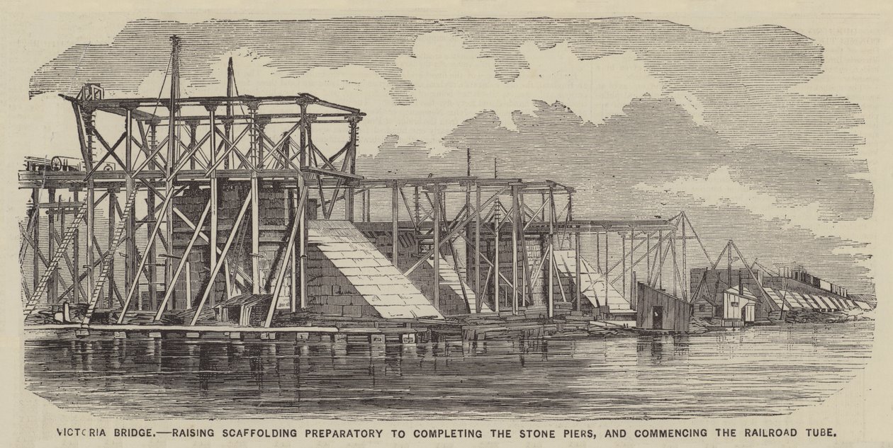 Victoria Bridge, steigerwerk ter voorbereiding van de voltooiing van de stenen pijlers en het begin van de spoorbuis (gravure) door English School