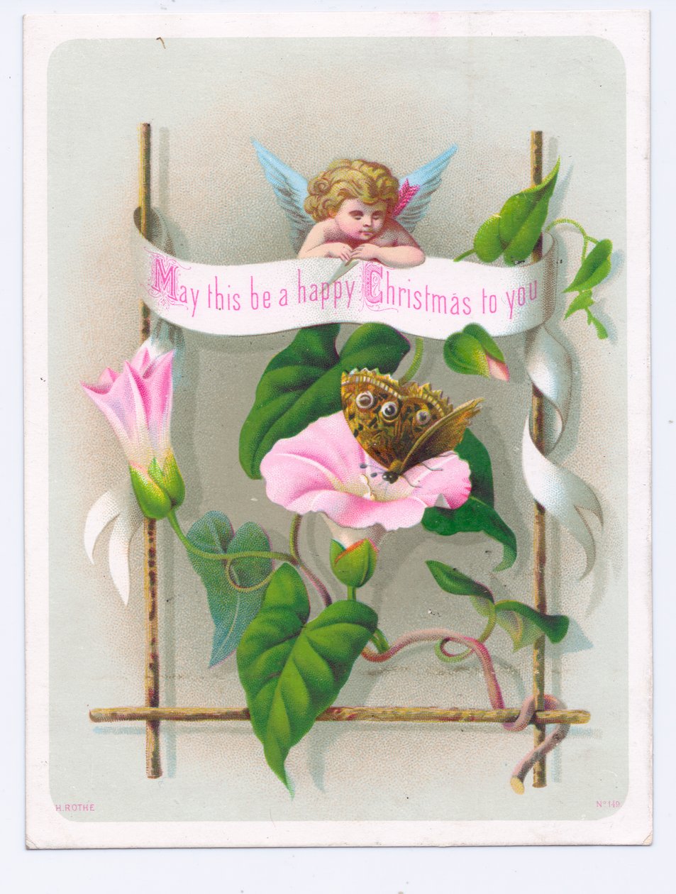 Victoriaanse kerstkaart van een cupido die naar een vlinder op een roze bloem kijkt, ca. 1880 (kleurenlitho) door English School
