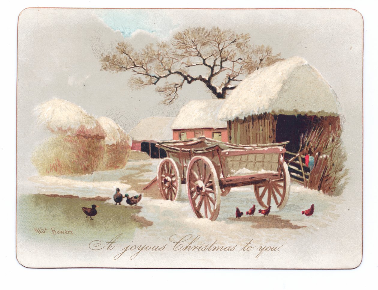 Victoriaanse kerstkaart van eenden en kippen bij een vijver op een boerenerf, ca. 1880 door English School