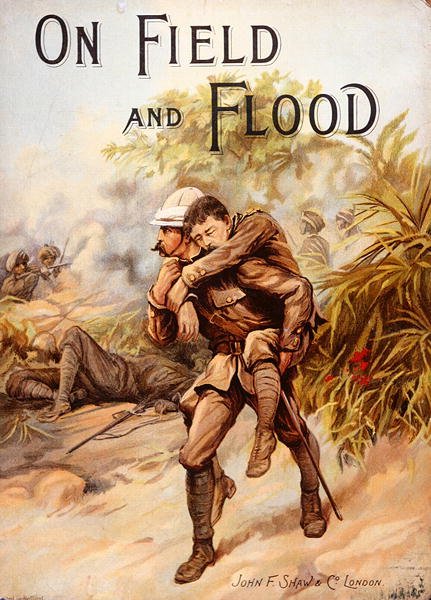 Victoriaans boekomslag met afbeelding van Chirurg-Kapitein Whitchurch die de V.C. wint door gewonde Kapitein Baird in veiligheid te brengen onder zwaar vuur in de Chitral-campagne, India, maart 1895 (kleur litho) door English School