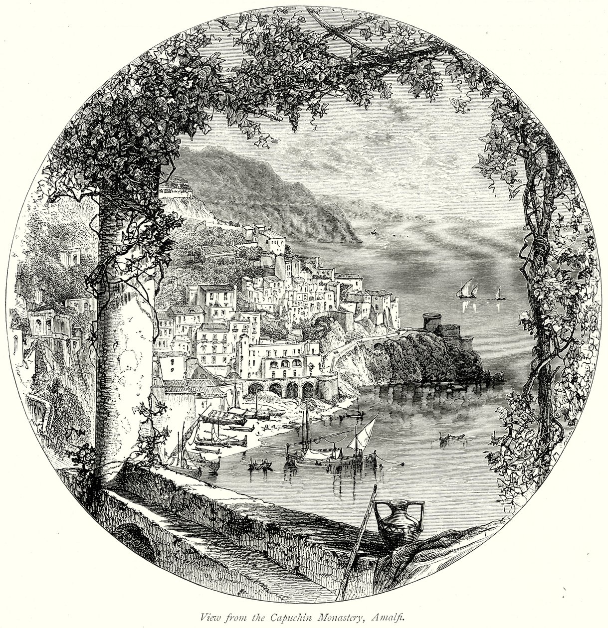 Uitzicht vanaf het kapucijnenklooster, Amalfi (gravure) door English School