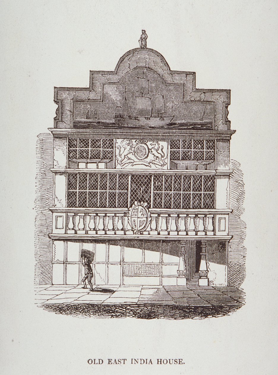 Uitzicht op East India House, met figuur op de voorgrond, ca. 1700 door English School