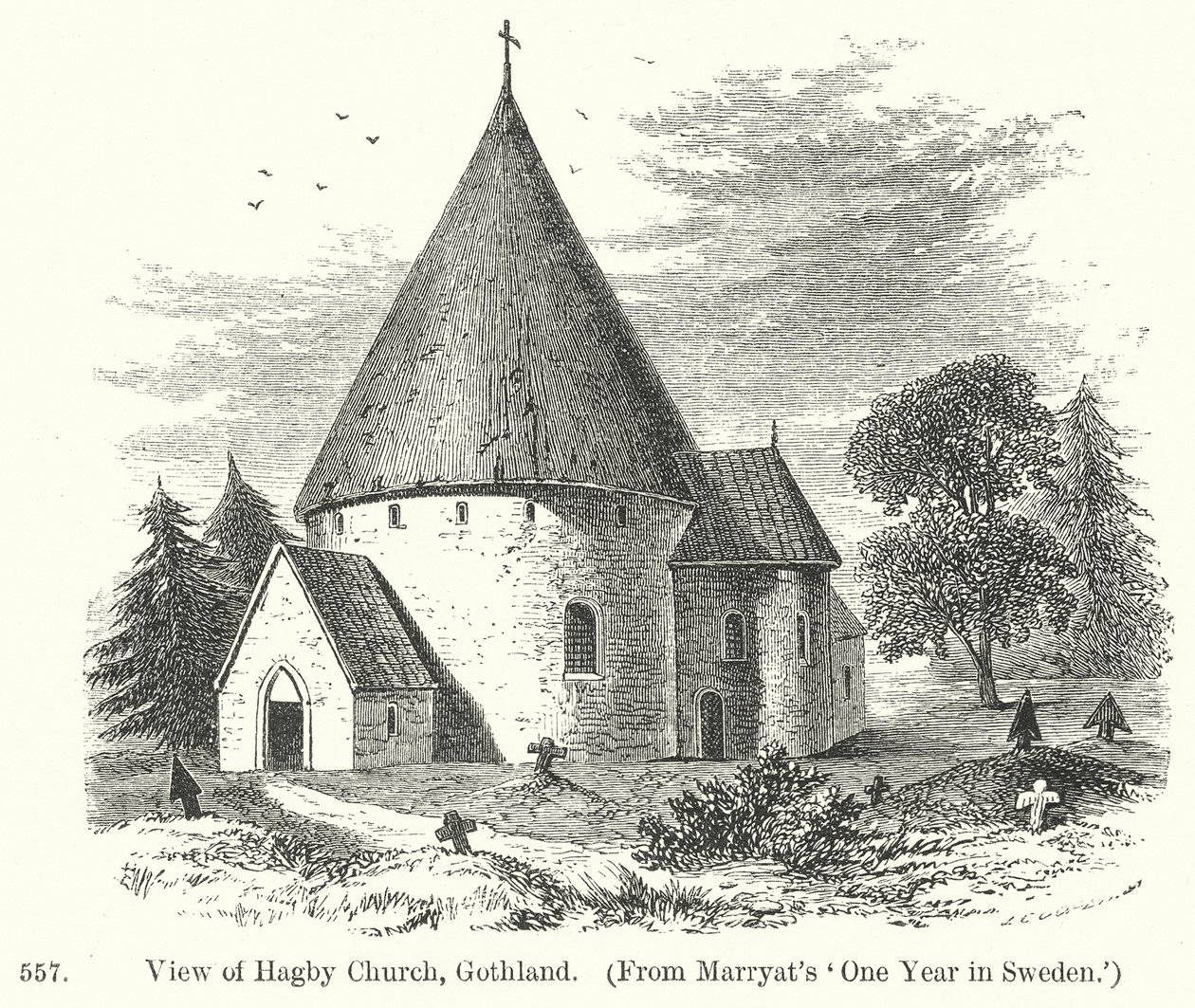 Gezicht op Hagby Church, Gothland (gravure) door English School