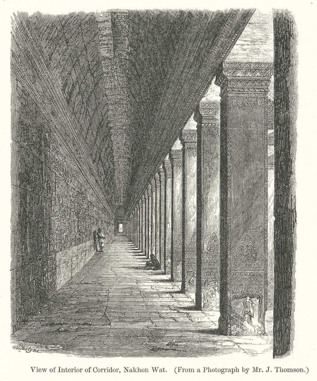 Gezicht op het interieur van de gang, Nakhon Wat (gravure) door English School