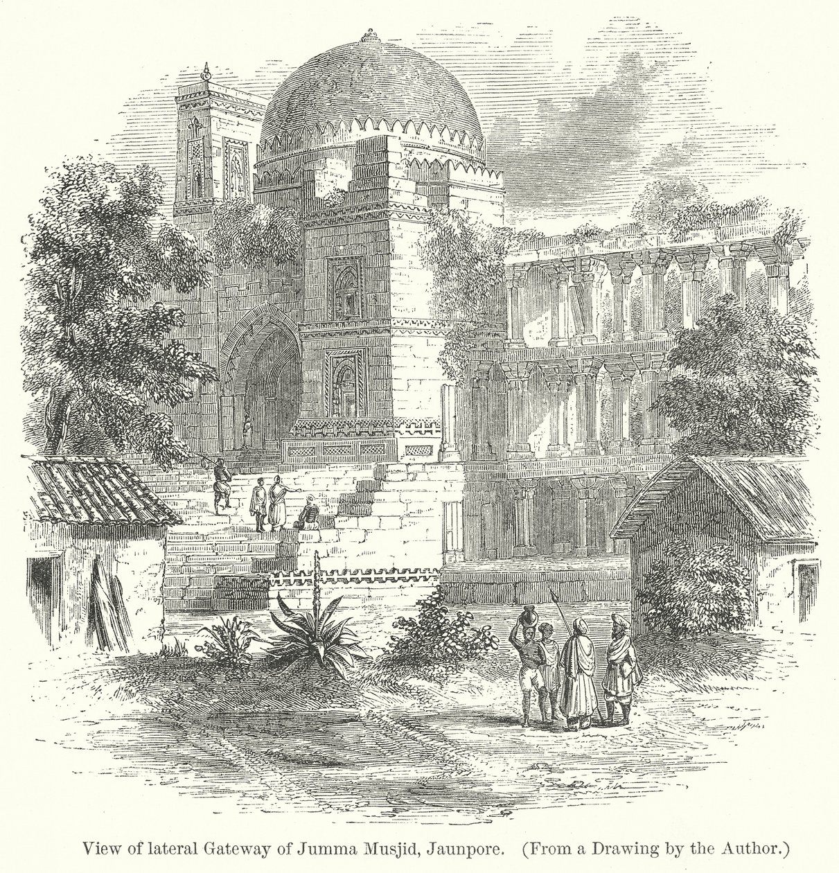 Zicht op de zijpoort van de Jumma Musjid, Jaunpore (gravure) door English School
